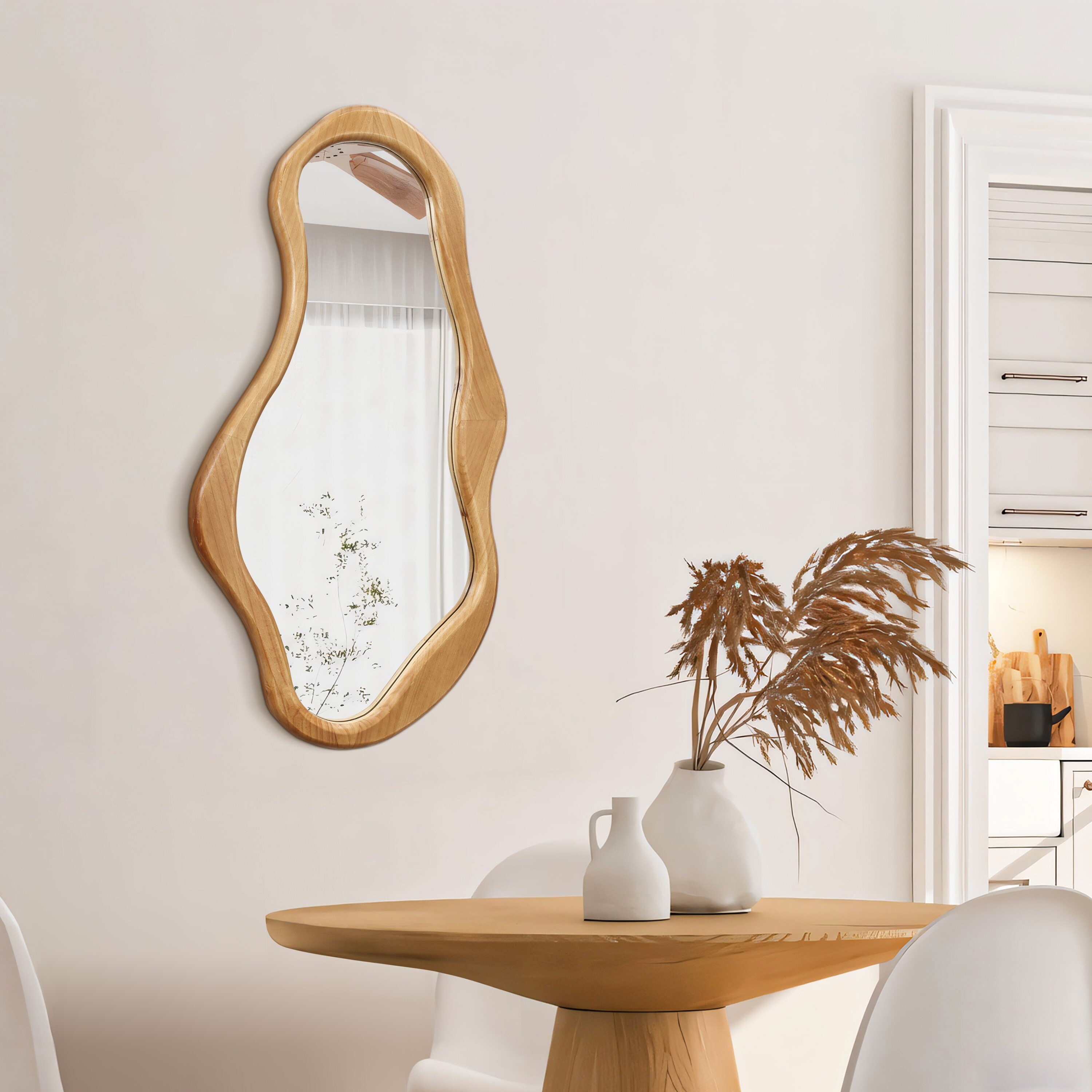 Natural Pine Wood Frame Irregular Oval Wall Mirror, Bathroom Wall