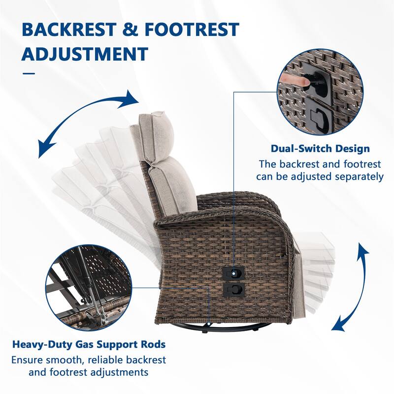 Meyreso 3-Piece Wicker Swivel Reclining Chaise Lounge with Adjustable Backrest & Footrest