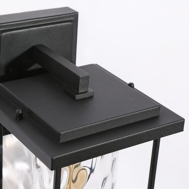 Modern Farmhouse 1-Light Black Outdoor Wall Sconces Water Ripple Glass Porch Lantern - L 13.4" x W 6.7" x H 8.3"