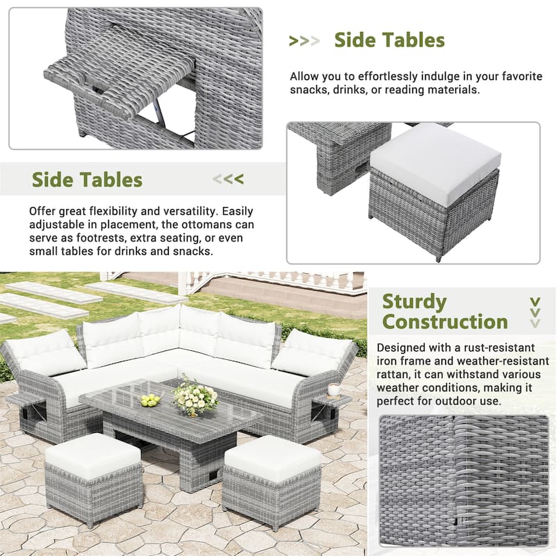 Patio Rattan Furniture Set with an Adjustable Table, Recliners with Extendable Side Tables, and Two Ottomans.