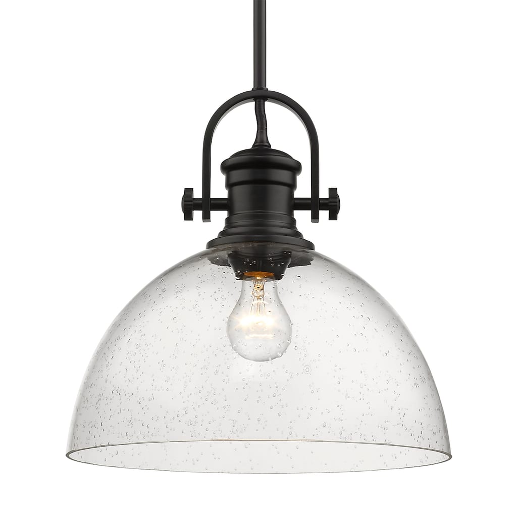 Yep by Golden Lighting Hines 1-light 14in Pendant in Matte Black and Seeded Glass