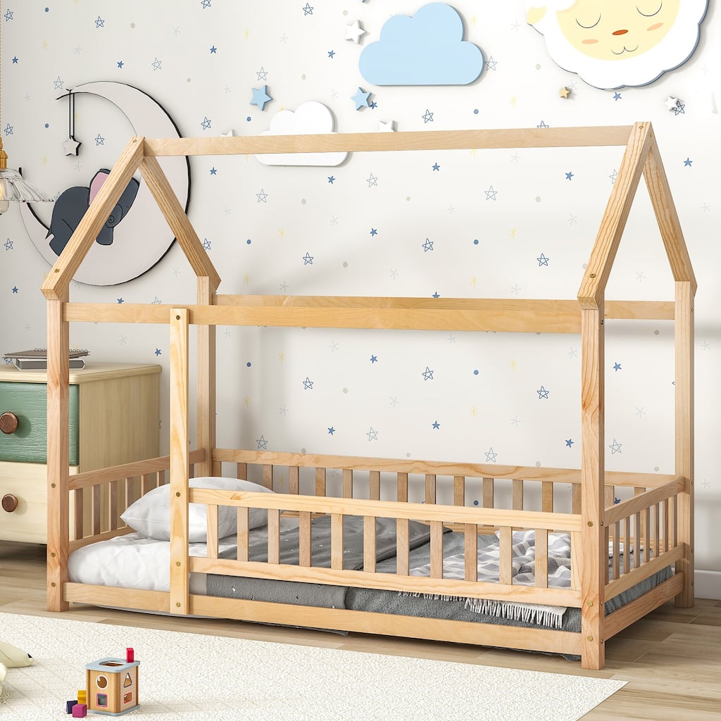 House Floor Bed for Kids, Wooden Montessori Bed Frame with Fence
