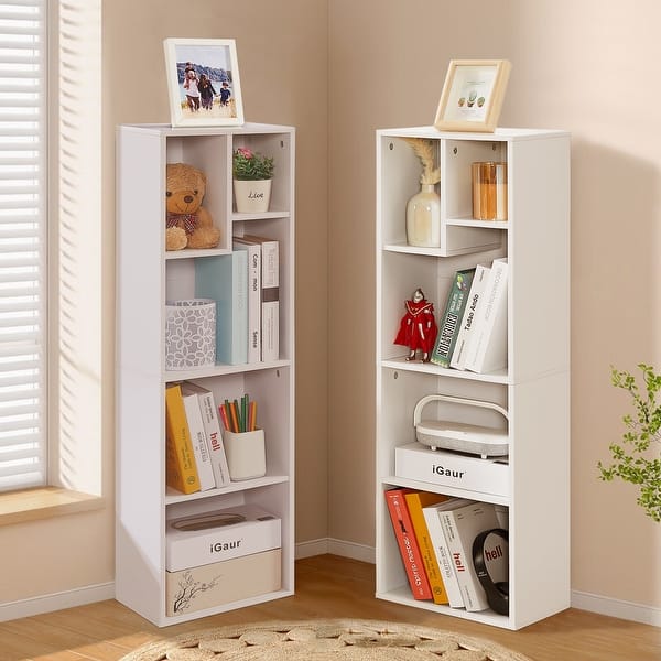 slide 2 of 36, VECELO Set of 2 Open Bookshelf Set 4-Tier Five Irregular Cube Bookcase Multipurpose Storage Organizer for Small Spaces