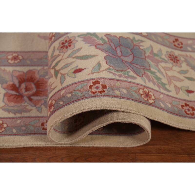 Floral Ivory Aubusson Chinese Area Rug Hand-Knotted Wool Carpet - 9'1"x 12'1"