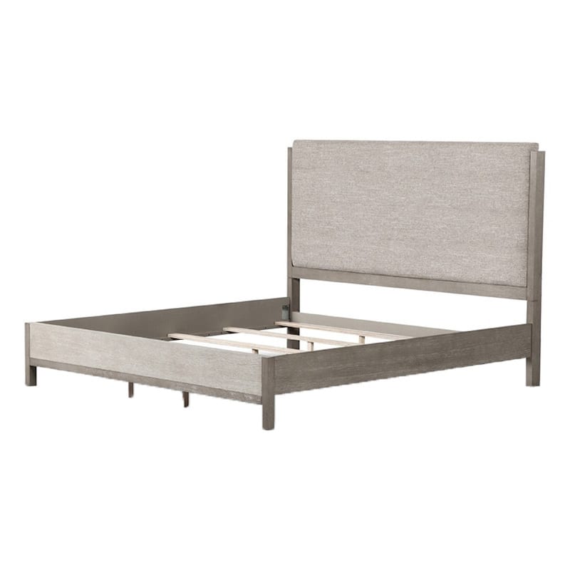 Rizvi King Bed, Upholstered Headboard, Beveled Mirror, Gray Solid Wood