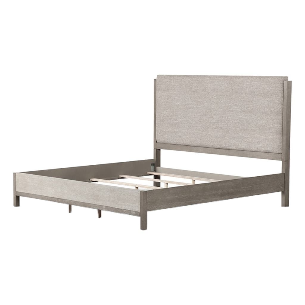 Rizvi King Bed, Upholstered Headboard, Beveled Mirror, Gray Solid Wood