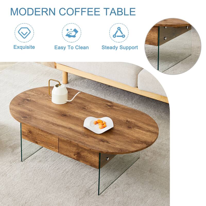 Elegant Coffee Table with Double Drawers and Transparent Glass Sides