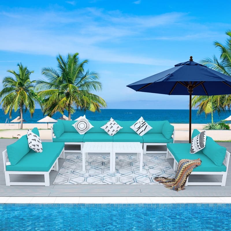 FINCATI White Aluminum Modern Patio Furniture Sectional Sofa Set with Cushion - 10 Pieces - Teal