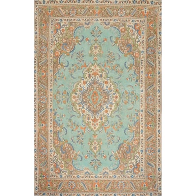 Hand Knotted Oriental 100% Wool Carpet Traditional Floral Navy Blue & Blues Tabriz Area Rug - 10' 1'' X 7' 2''