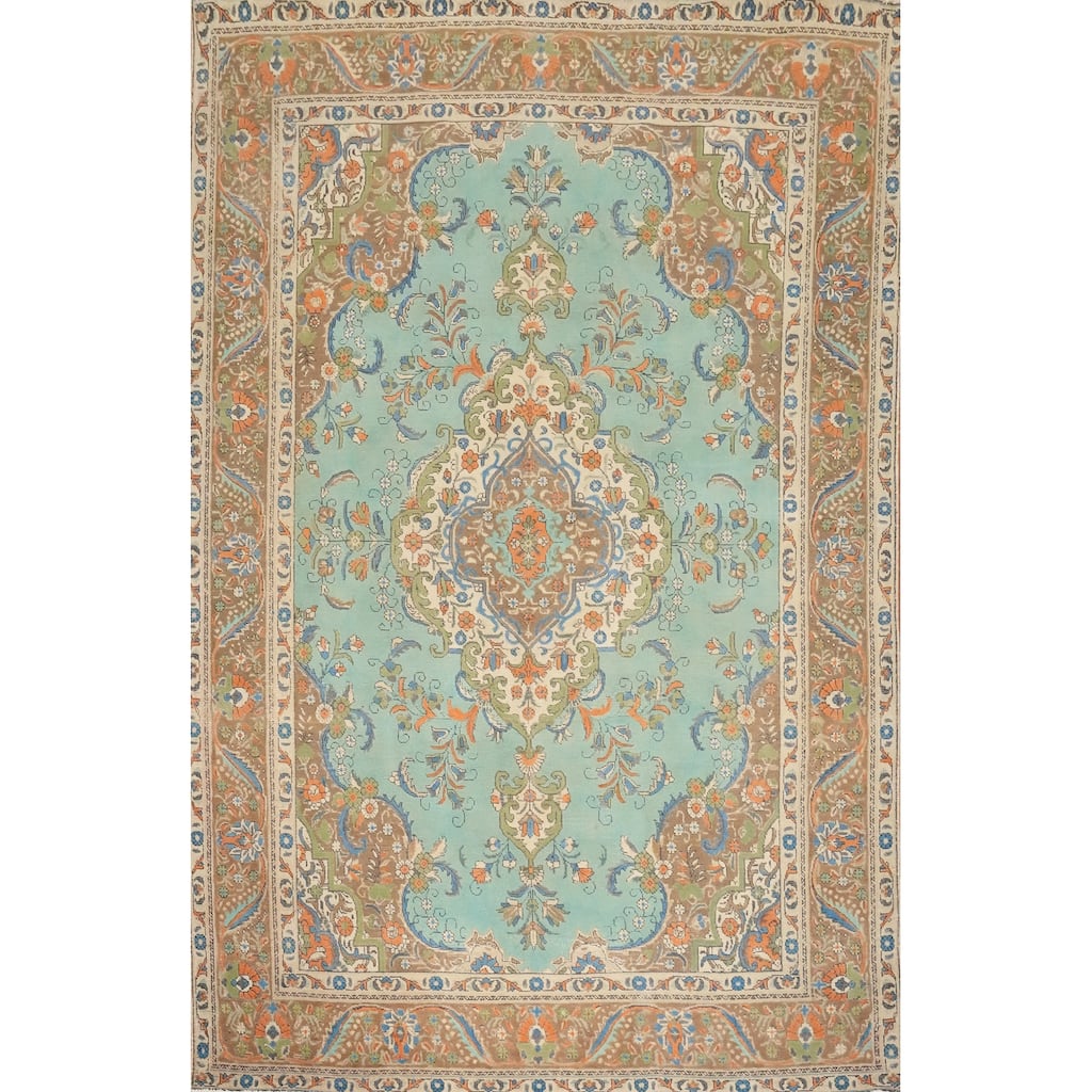 Hand Knotted Oriental 100% Wool Carpet Traditional Floral Navy Blue & Blues Tabriz Area Rug - 10' 1'' X 7' 2''
