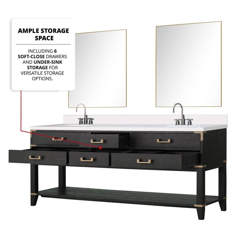 Norwalk 60 in W x 22 in D Black Oak Double Bath Vanity, White Quartz Top, and 28 in Mirrors