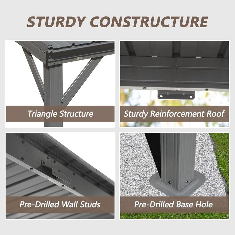 8x8 Wall Mounted Hardtop Gazebo with Sloped Steel Roof and Hidden Drainage