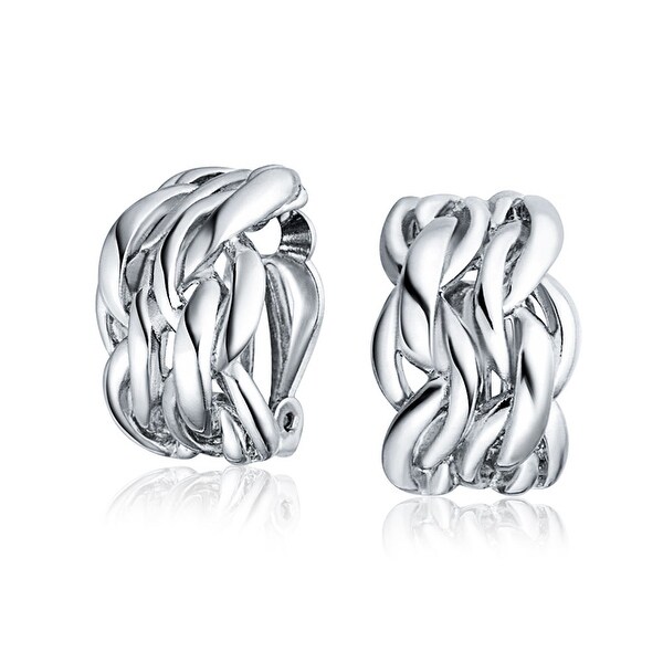Twisted Cable Chain Weave Wide Half Hoop Clip On Earring For Women Non Pierced Ears Silver Plated Brass