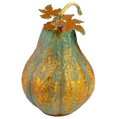 14" Orange and Gold Elongated Autumn Pumpkin Metal Tabletop Decoration