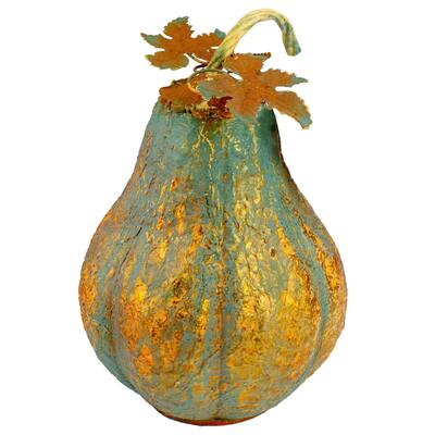 14" Orange and Gold Elongated Autumn Pumpkin Metal Tabletop Decoration