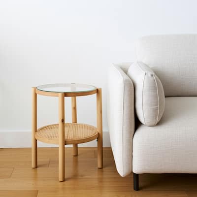 HomeRoots 24" Clear and Light Brown Glass and Solid Wood Round End Table With Shelf - 21.5' X '24' X '21.5