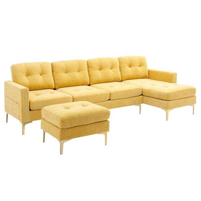 L Shaped Convertible Sectional Sofa with Ottoman, Velvet Fabric 5 Seater Sofa, Upholstered Sofa with Chaise & Storage Pockets