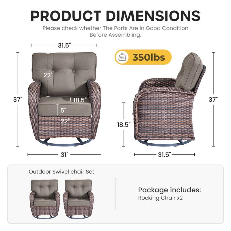 Gymojoy Wide T-Shaped High Back Swivel Glider Chairs Set with 5-inch Cusion for Patio & Balcony