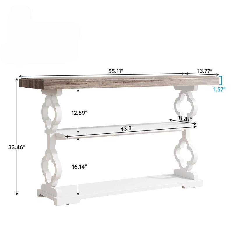55" French Country Console Table - Farmhouse Sofa Table with 3 Storage Shelves, Grey & White Entryway Table for Hallway