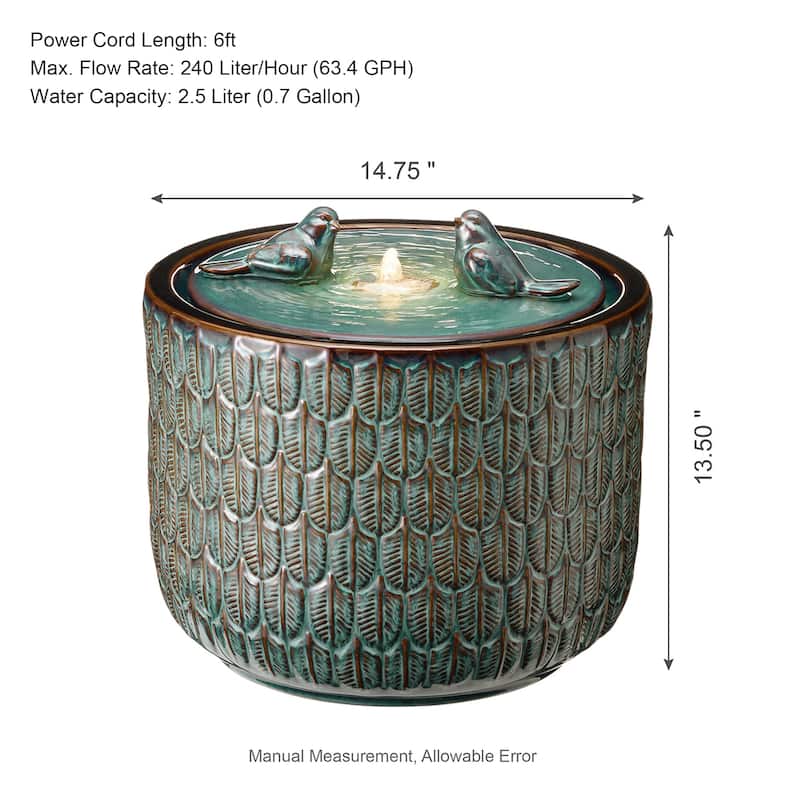 Glitzhome 15"H LED Ceramic Birdbath Outdoor Fountain with Two Birds & Leaf Pattern