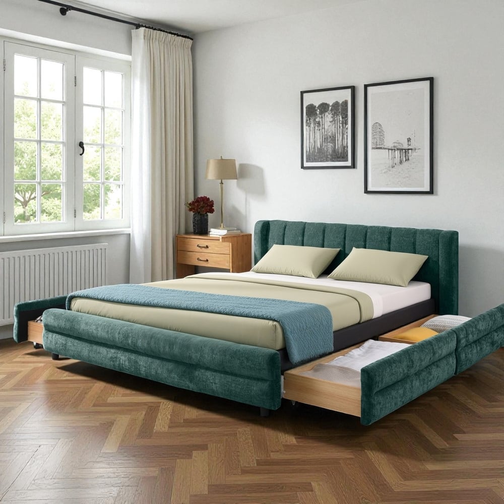 Queen Size Upholstered Bed Frame with Chenille Headboard and Underbed Storage Drawer, Solid Platform Design