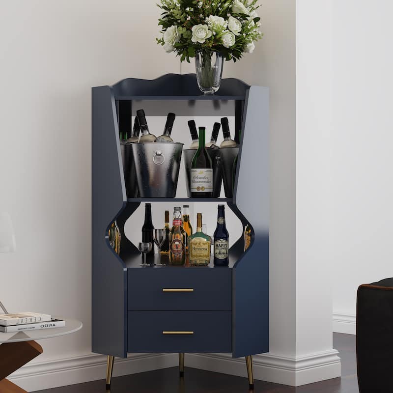 GDFStudio - Elowen Wood Corner Mirrored Back Sideboard with 2 Storage Shelves and 2 Drawers - Blue