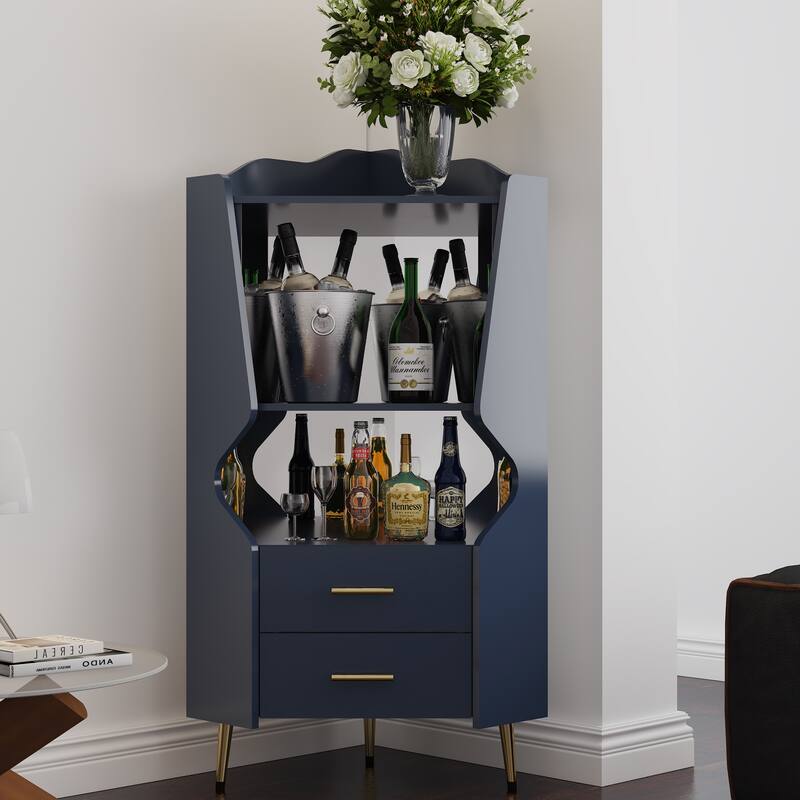 Rossetta Contemporary Elegance Mirrored Back Sideboard Bar Cabinet with Open Storage Shelves - Blue