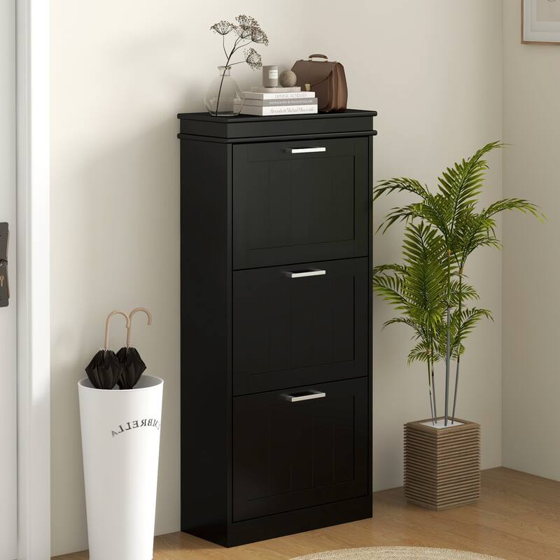 Narrow Shoe Storage Rack Cabinet with 3 Flip Drawers and Adjustable Shelves for Hallway, Entryway and Compact Space Organizer