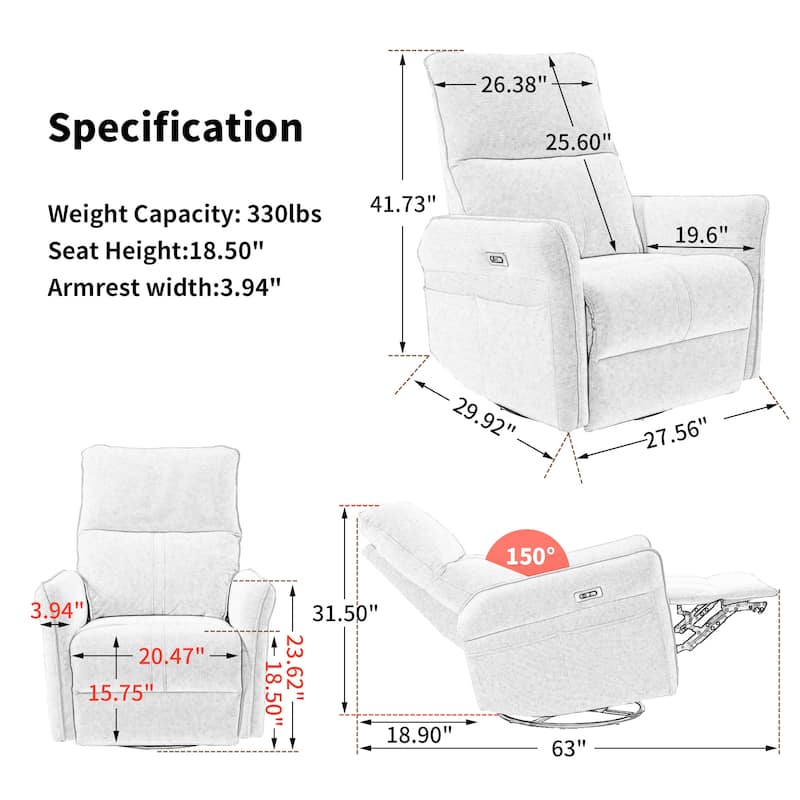 270°Power Swivel Rocker Recliner Chair, Electric Glider Reclining Sofa with USB Port