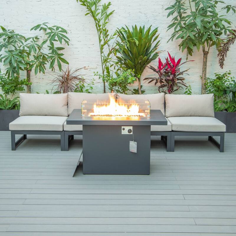 LeisureMod Chelsea 5-Piece Outdoor Patio Chairs and Fire Pit Table Set