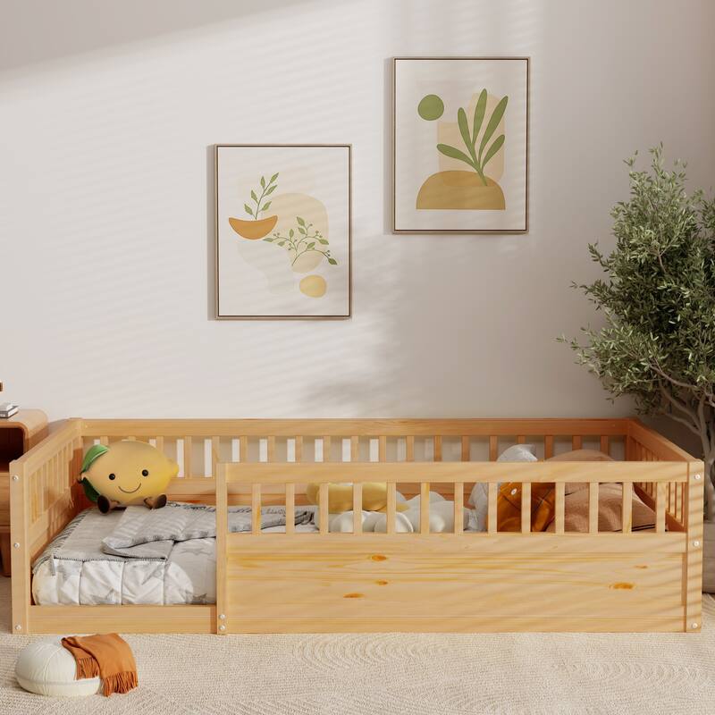 Kids Floor Bed Frame Toddler Montessori Low-Profile Floor Bed with Solid Wood Baffle Fence, No Slats No Door for Children's Room