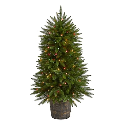 5' Sierra Fir Artificial Christmas Tree with 200 Multicolored Lights and 428 Bendable Branches in Decorative Container