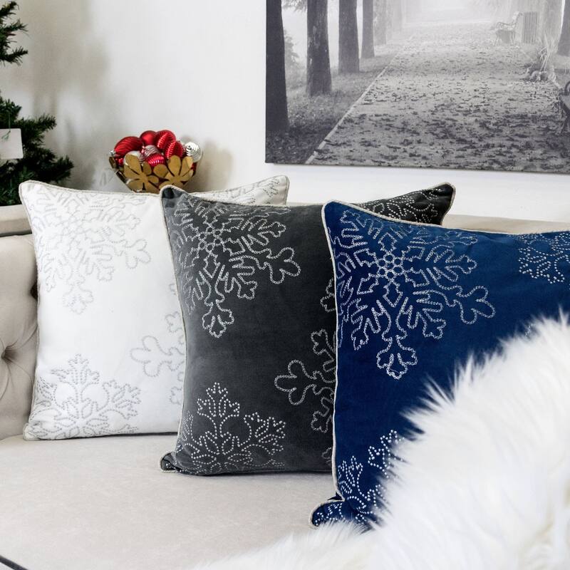 Velvet Holiday Throw Pillow 20x20 with Snowflake Embroidery and Insert