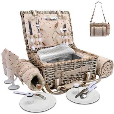 31Pcs Picnic Basket Set for 4 with Insulated Liner and Waterproof Blanket Wine Pouch, Large Wicker Picnic Hamper