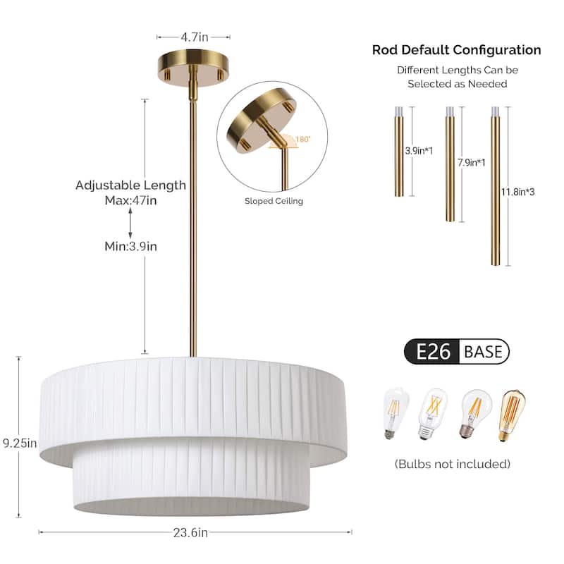 Modern 3-Light Drum Chandelier Fabric Shade Ceiling Hanging Pendant