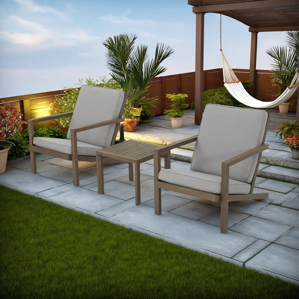 Liah Outdoor Patio Table Set, 2 Chair, Brown Acacia Wood, Gray Polyester
