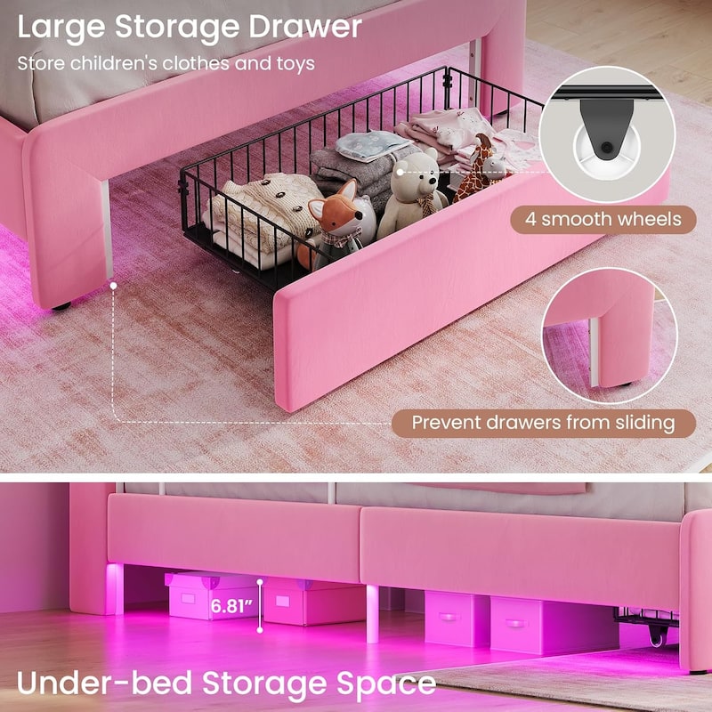 LED Bed Frame Storage DrawerSafety Guardrails Velvet Princess Platform Bed Kids