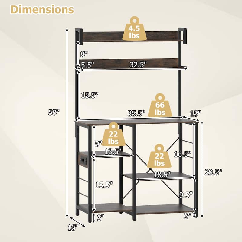 Kitchen Baker’s Rack with Charging Station, LED Light, Coffee Bar Station with Shelves - 35.5" x 16" x 58"