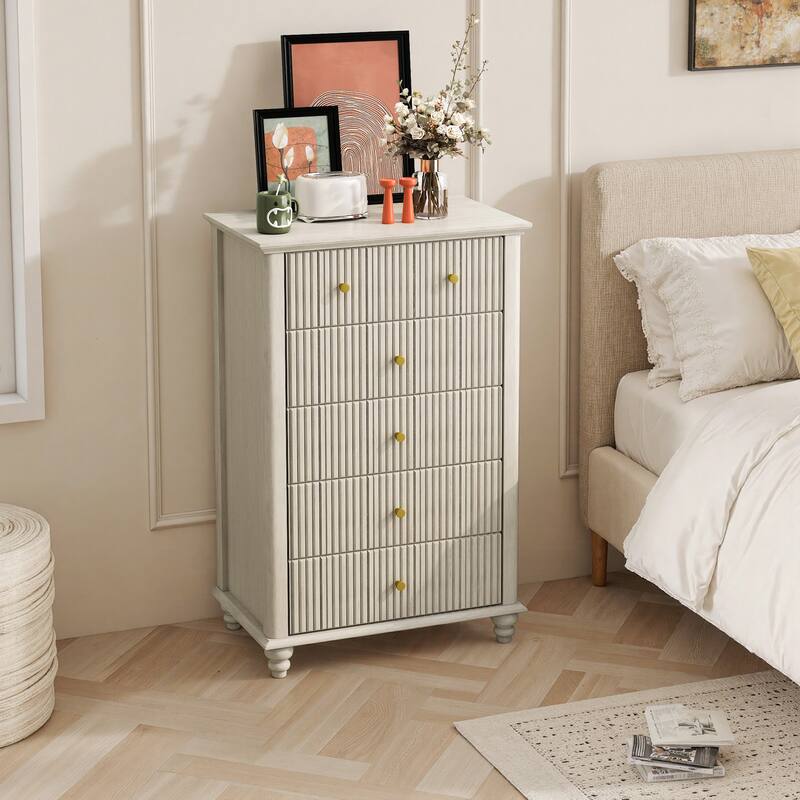 Fluted 5-Drawer Dresser in Beige, Versatile Wooden Storage Solution - Beige