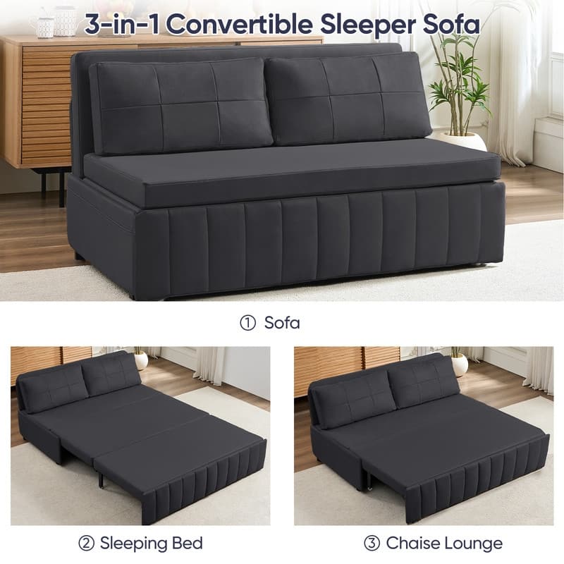 Mixoy Modern 62''Pull Out Sofa Bed,3-in-1 Pull Out Leathaire Fabric Sleeper Sofa Couch,Chaise Lounge,living room furniture