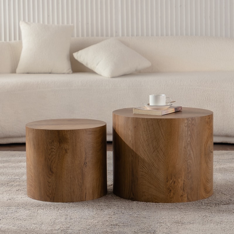 Set of 2 Modern Nesting Round Wooden Coffee Tables - Brown+Wood