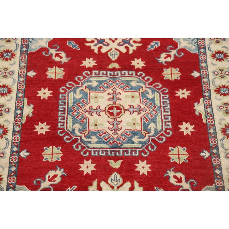 Red Geometric Kazak Rug Hand-Knotted Wool Carpet - 3'5" x 5'0"