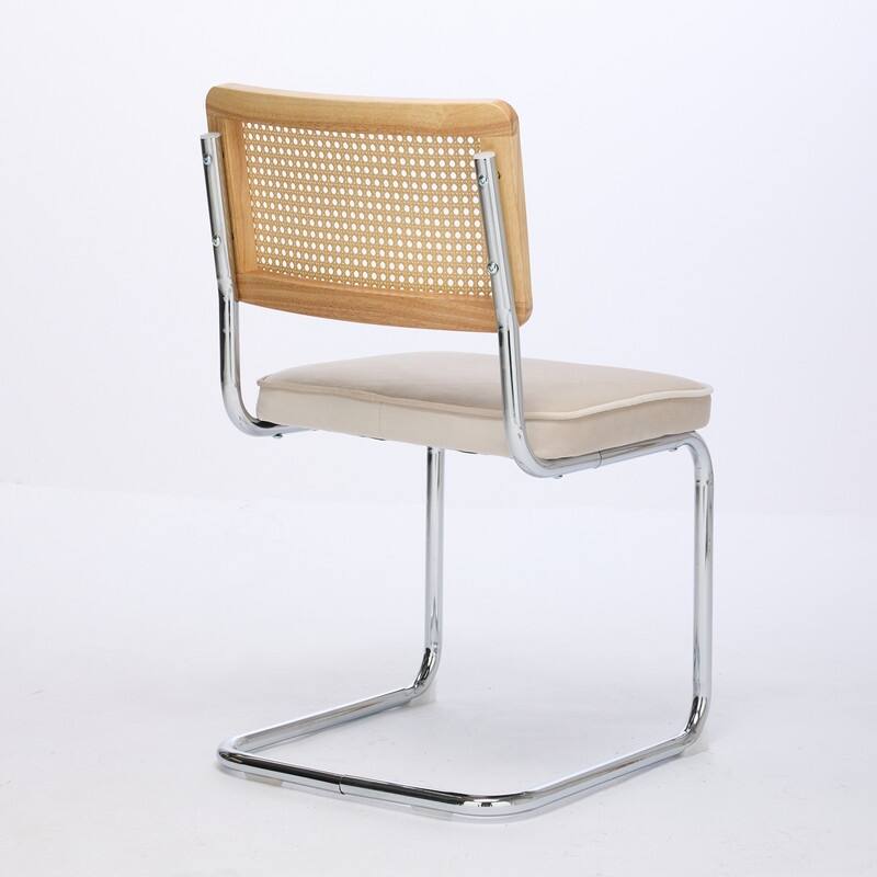 Mid Century Modern Dining Chairs Set of 2, Natural Cane Back & Stainless Chrome Base, Upholstered Rattan Kitchen Chairs