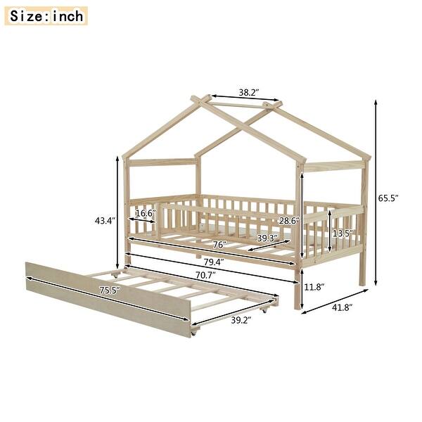 dimension image slide 2 of 4, Twin Size Wooden House Bed Platform Bed With Twin Size Trundle,Solid Construction For Bedroom