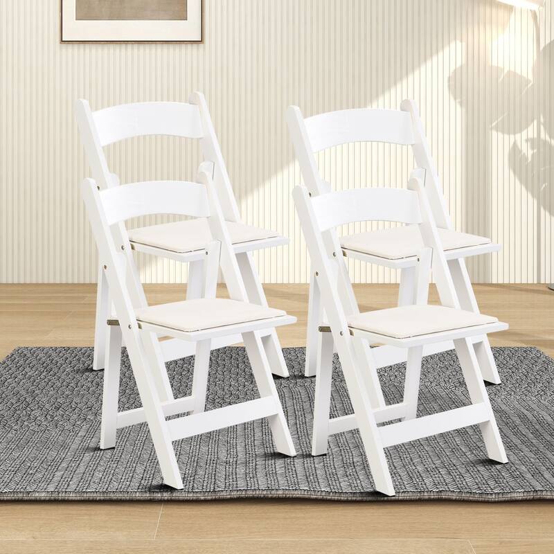 Modern simple style foldable dining chair set with upholstered cushions - White+Beige