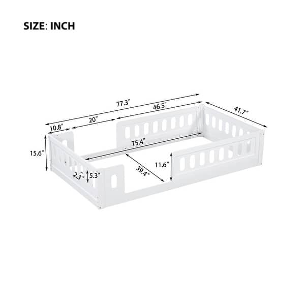 dimension image slide 1 of 2, Wood Twin Size Platform Bed with Guardrails, No Slats Kids Floor Bed Frame