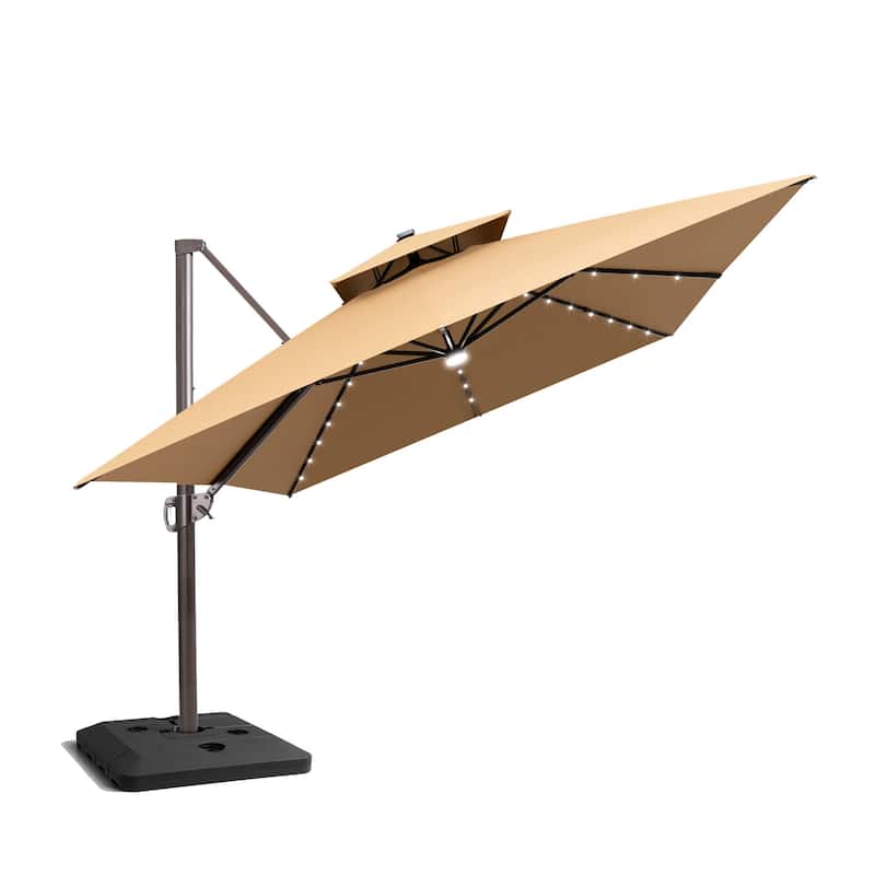 Pellebant 10x13 FT Outdoor Patio Double Top Cantilever Umbrella Solar LED Lighted with 4 Piece Square Offset Umbrella Base - Tan
