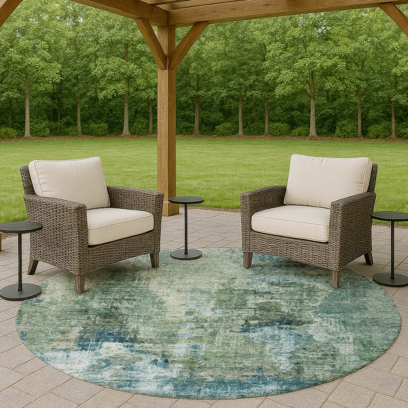 Machine Washable Indoor/ Outdoor Abstact Contemporary Chantille Rug - Teal - 8' x 8'