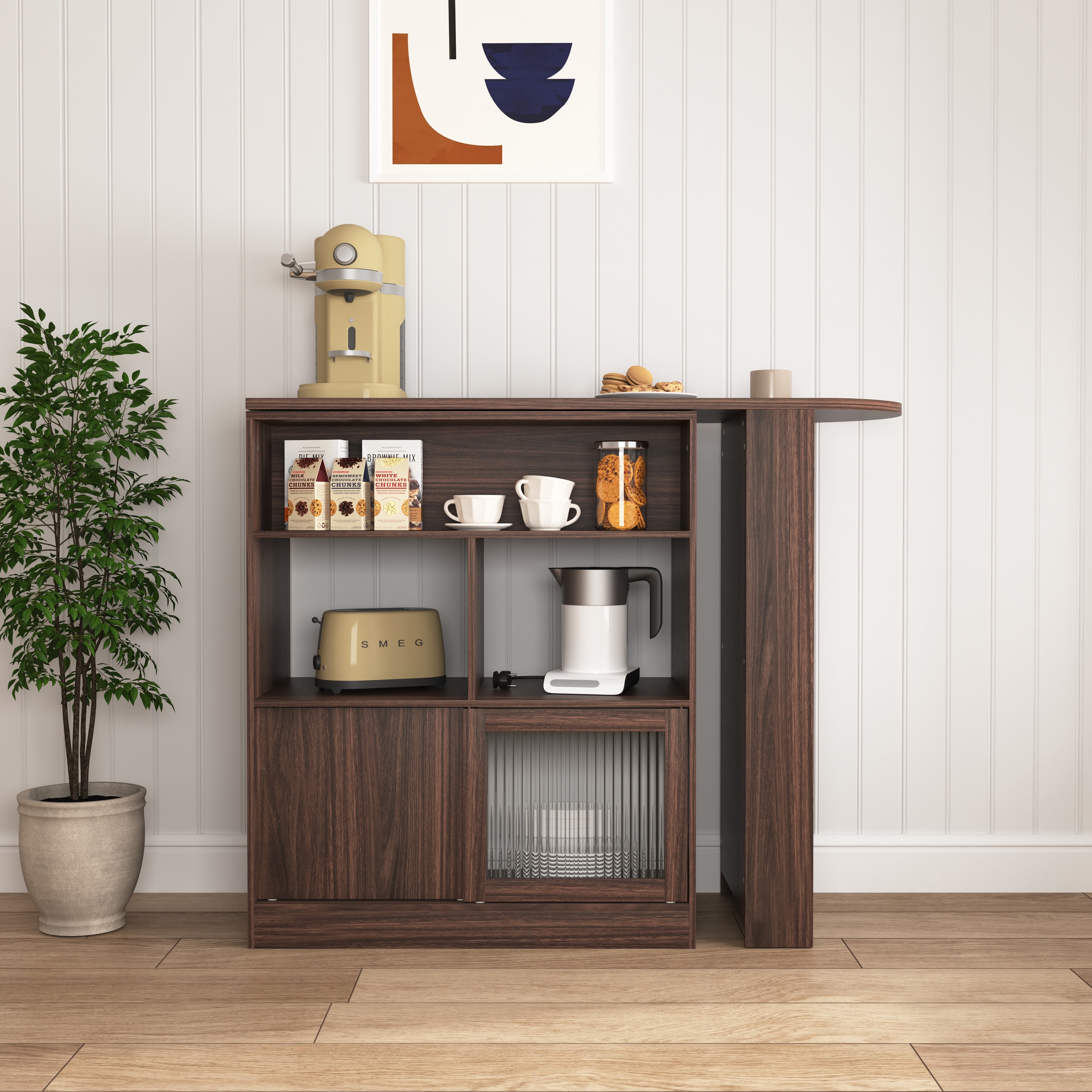 Modern Counter Height Buffet Cabinet with Rotating Top Storage and 2 Ribbed Glass Door Walnut