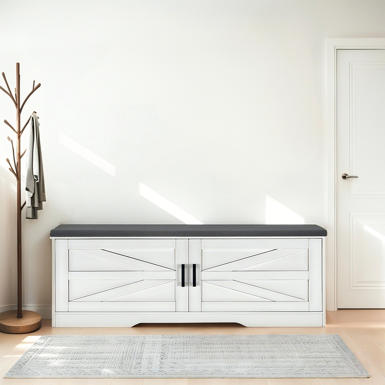 2-Tier Storage Bench, Farmhouse Shoe Bench with Padded Seat Cushion, Entryway Bench with 2 Barn Doors & 2 Adjustable Shelves